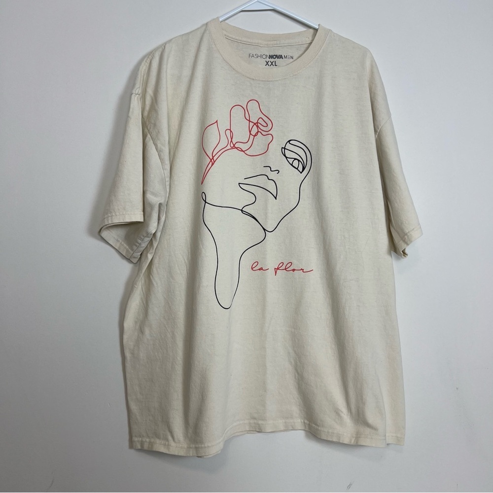 Fashion Nova Men La Flor Short Sleeve Line Art Face & Flower T-Shirt - XXL